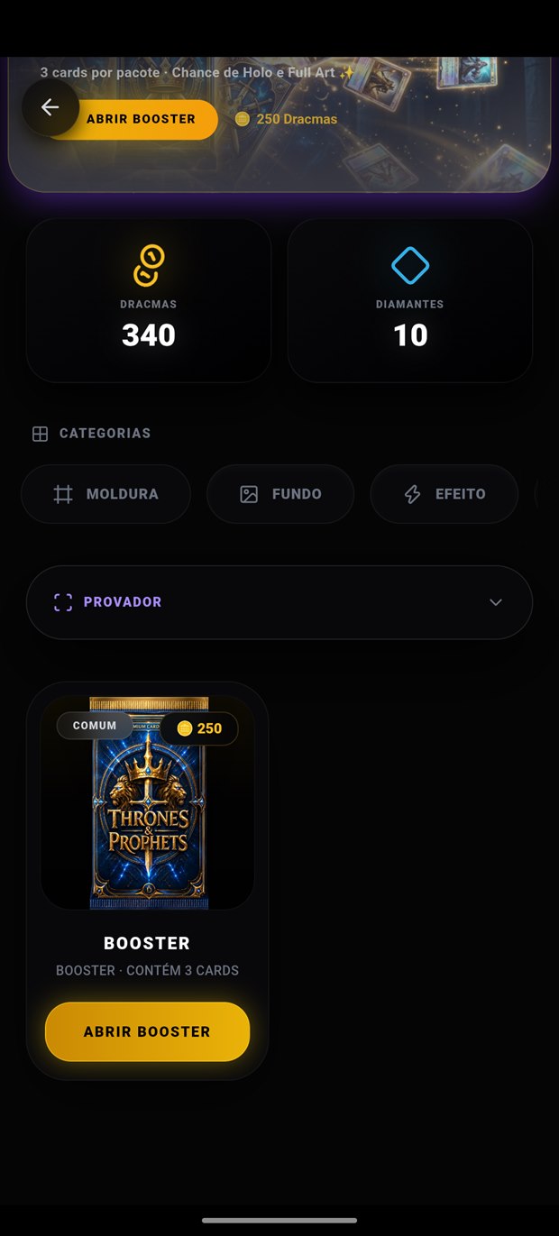 Mercado do app com saldo de dracmas e diamantes e um booster pack à venda