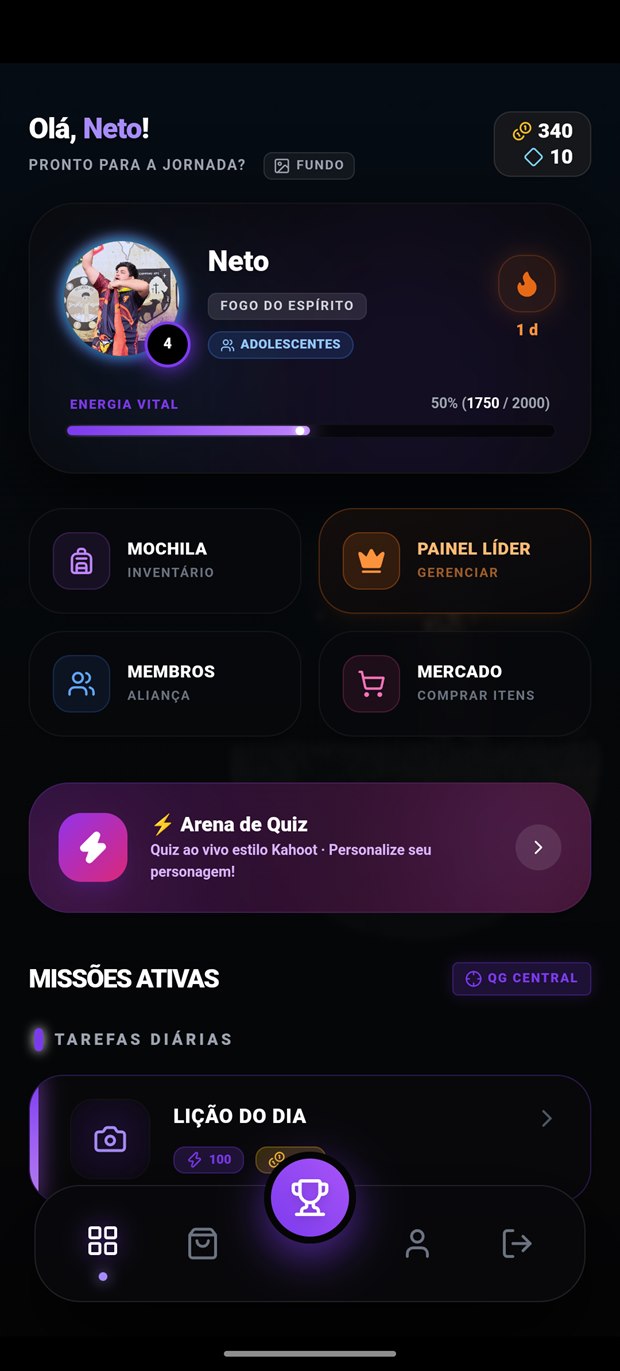 Tela inicial do app mostrando perfil, energia vital e missões ativas