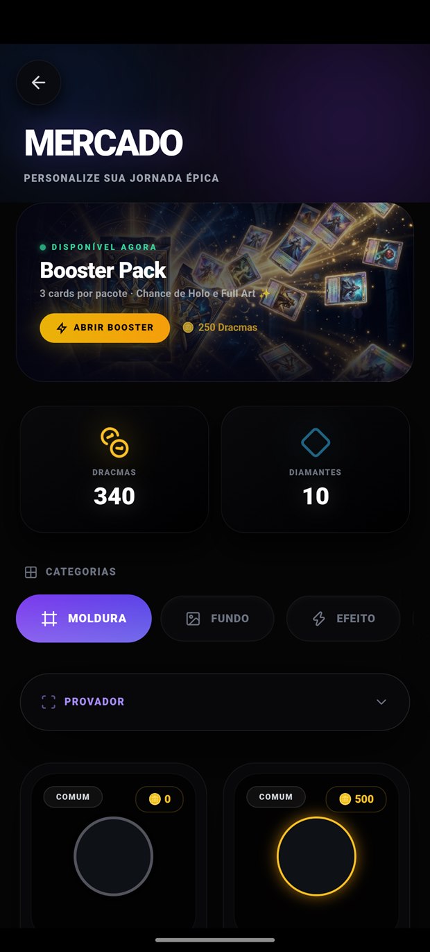 Tela do mercado do app, com booster pack e moedas