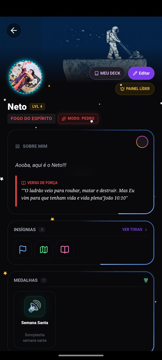 Perfil do herói com nível 4, insígnias, medalhas e versículo de força