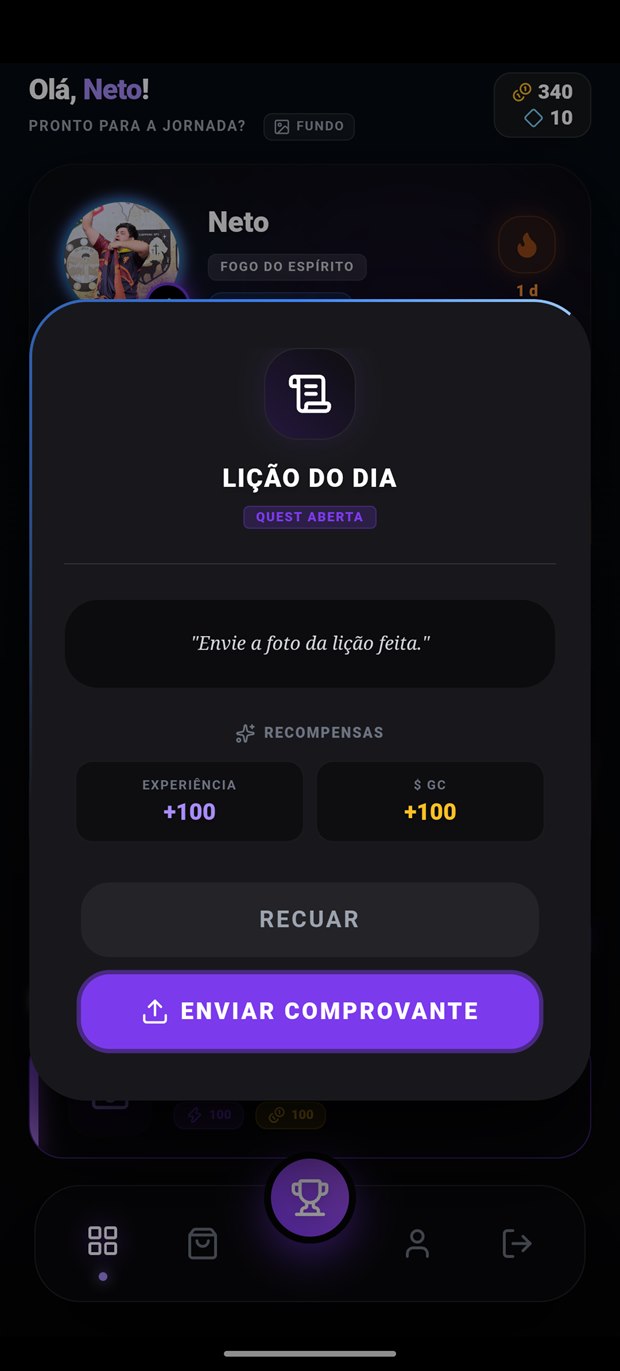 Modal de missão pedindo o envio da foto da lição feita, com recompensa de 100 de experiência