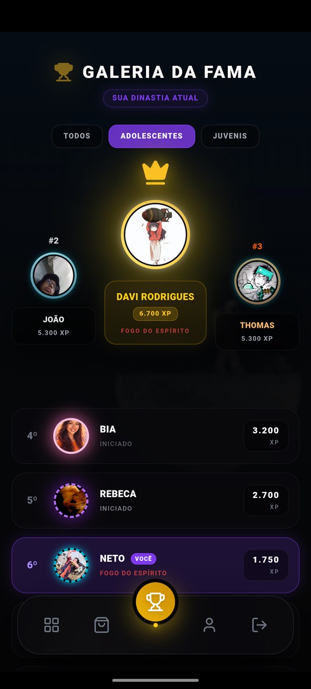 Tela de ranking do app, com pódio dos três primeiros colocados