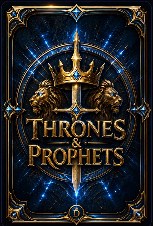 Verso da carta Thrones and Prophets, com leões dourados e espada